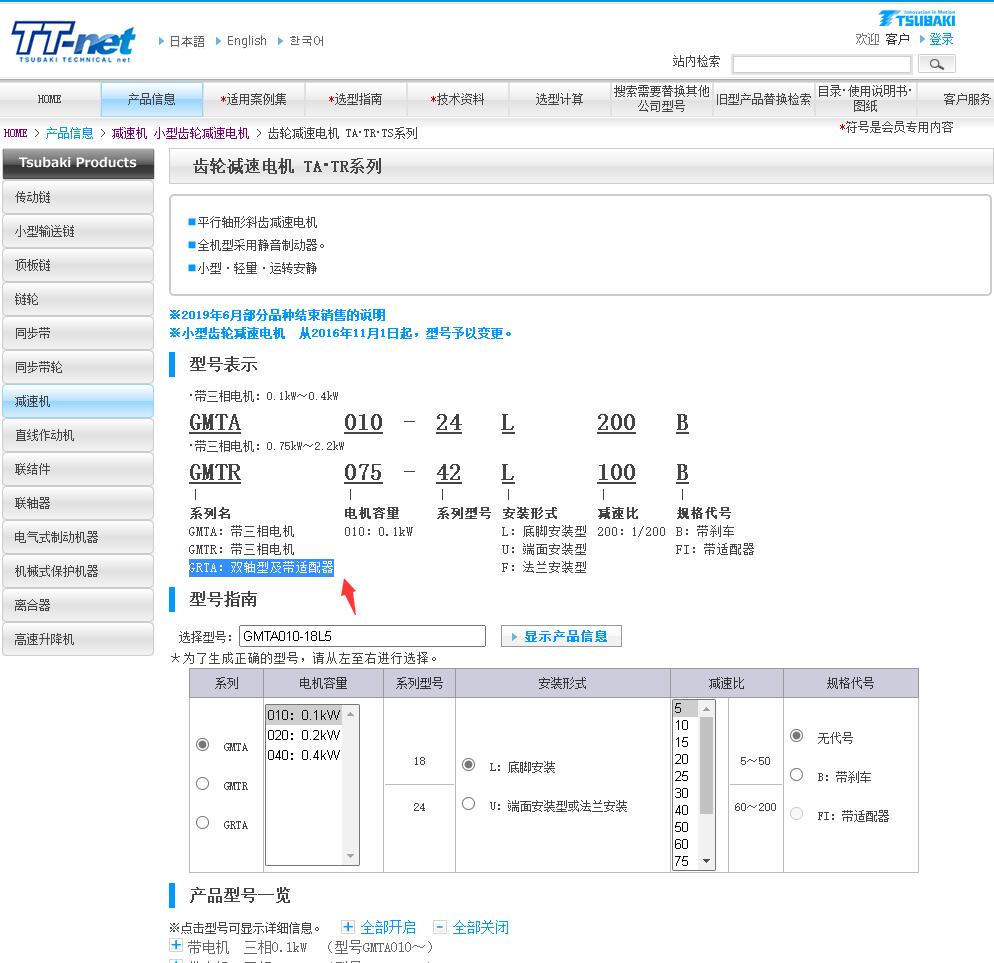 属于双轴型的椿本减速机型号GRTA150-38L10